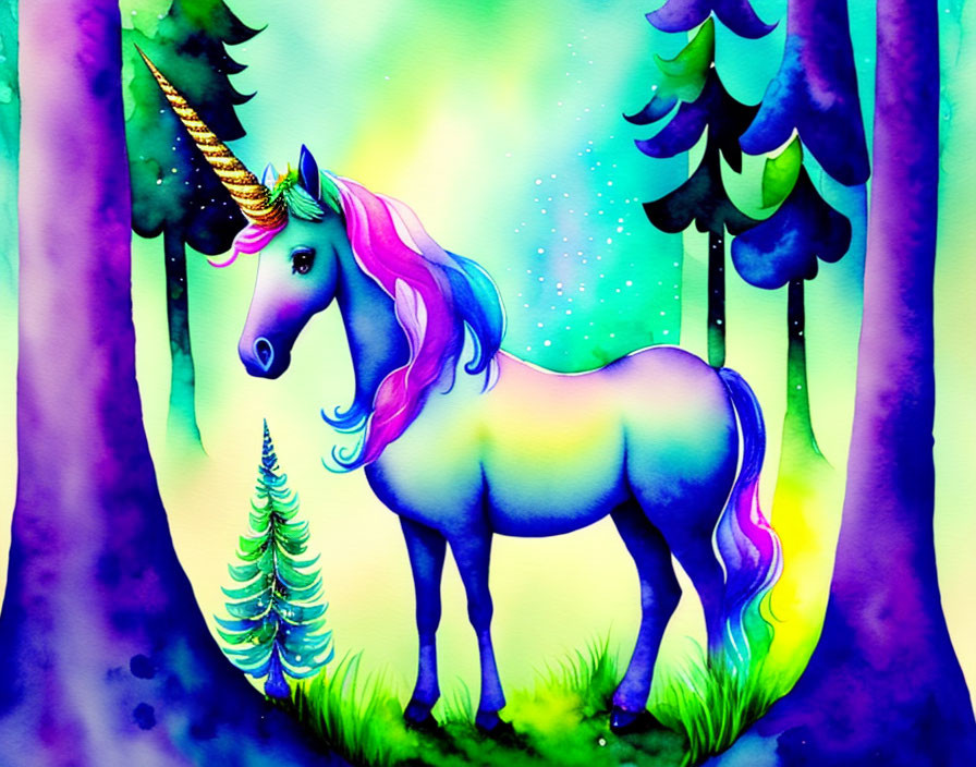 Vibrant Unicorn Illustration in Enchanted Forest