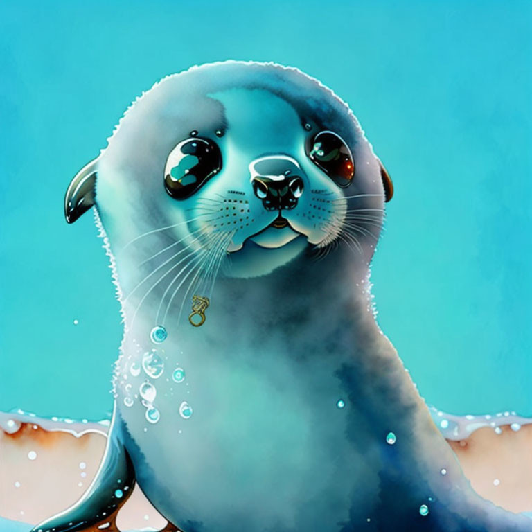 Animated Seal with Big Eyes in Blue Water with Bubbles