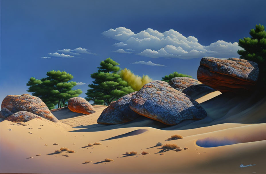 Green trees, desert dunes, and weathered rocks under a blue sky