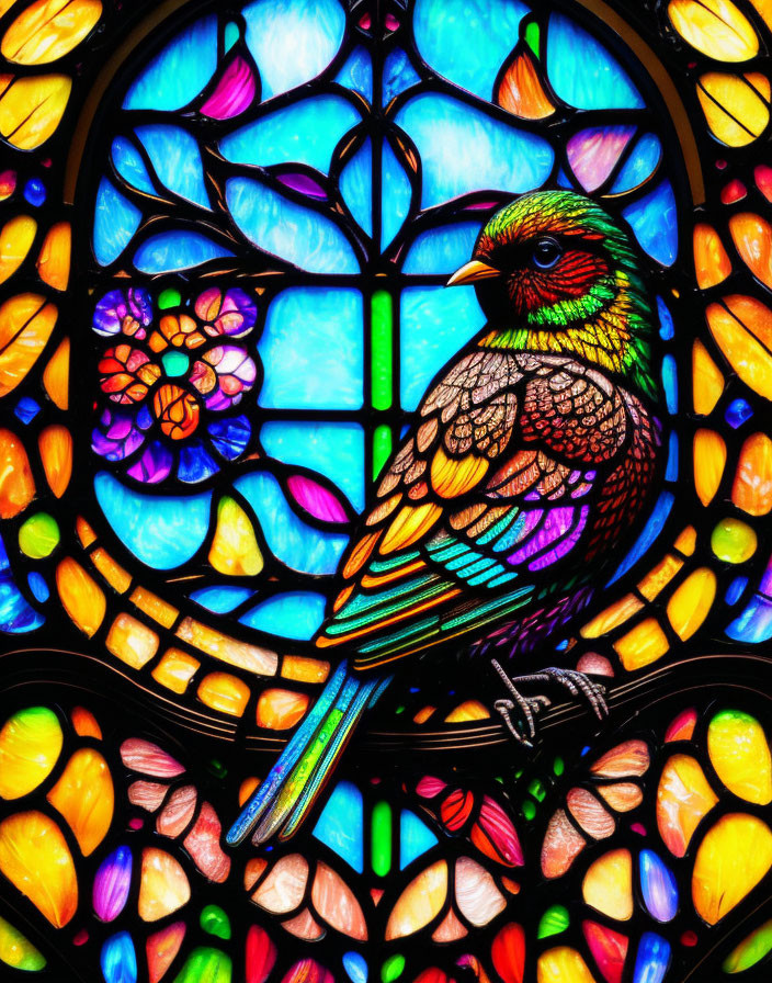 Colorful Bird Stained Glass Window with Branch and Intricate Patterns