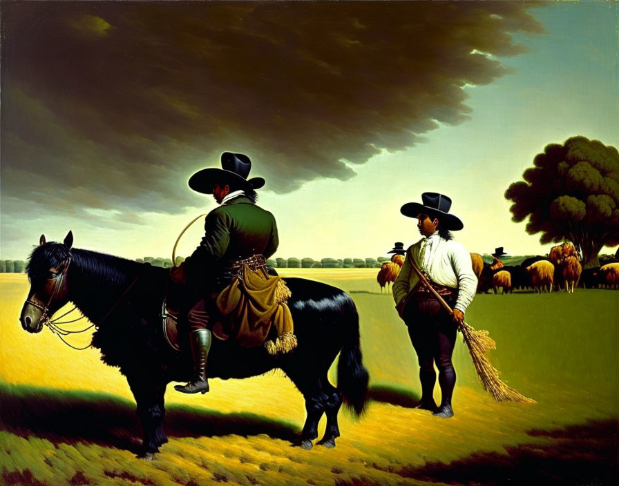 Colonial-era painting: Figures on horseback and with broom, cows under dramatic sky