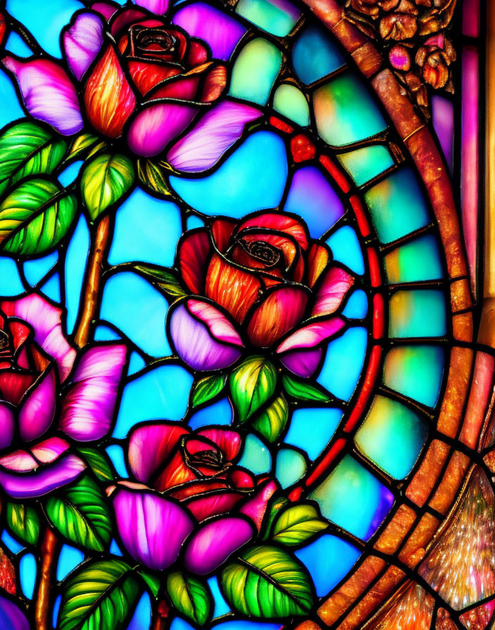 Colorful Stained Glass Window with Blooming Roses Design