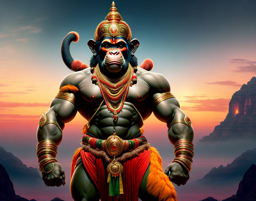 Illustration of Muscular Hanuman Deity in Traditional Attire Against Mountain Skyline