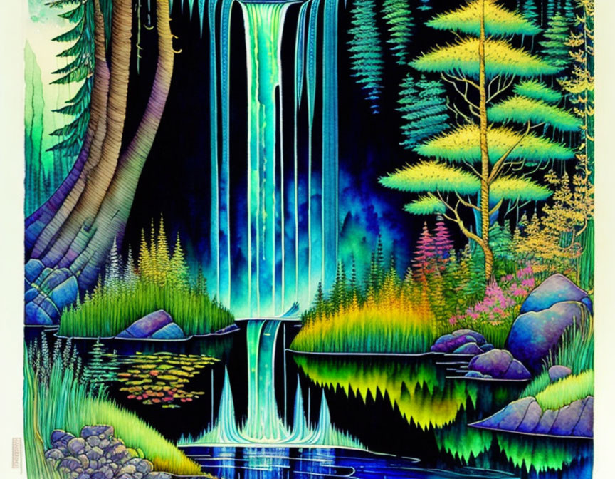 Fantastical waterfall illustration with vibrant foliage and whimsical trees