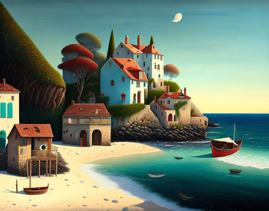 Coastal landscape with stylized houses, boats, trees under crescent moon