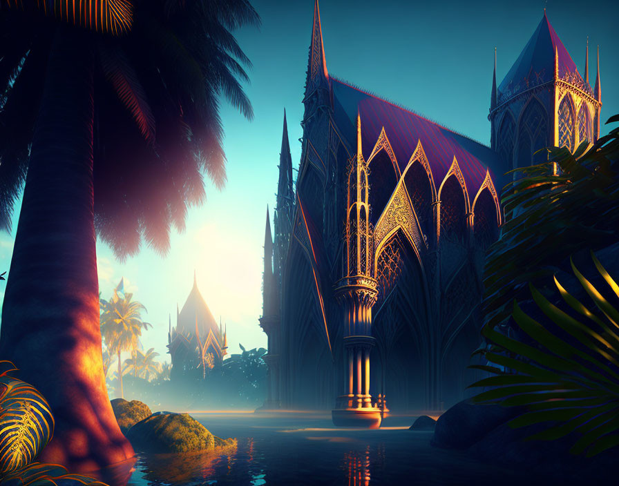 Gothic-style cathedral with palm trees at sunset on a riverbank