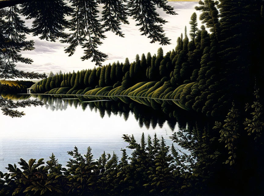 Tranquil Lake Reflecting Evergreen Trees