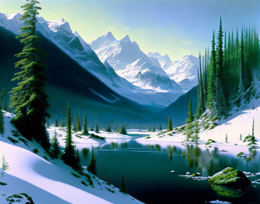 Snow-covered winter mountain landscape with serene lake and towering peaks