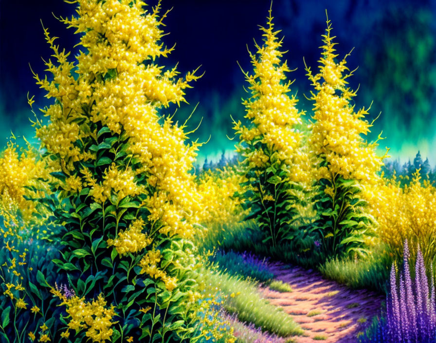 Vibrant Yellow Flowers and Purple Lavender Rows in Lush Garden