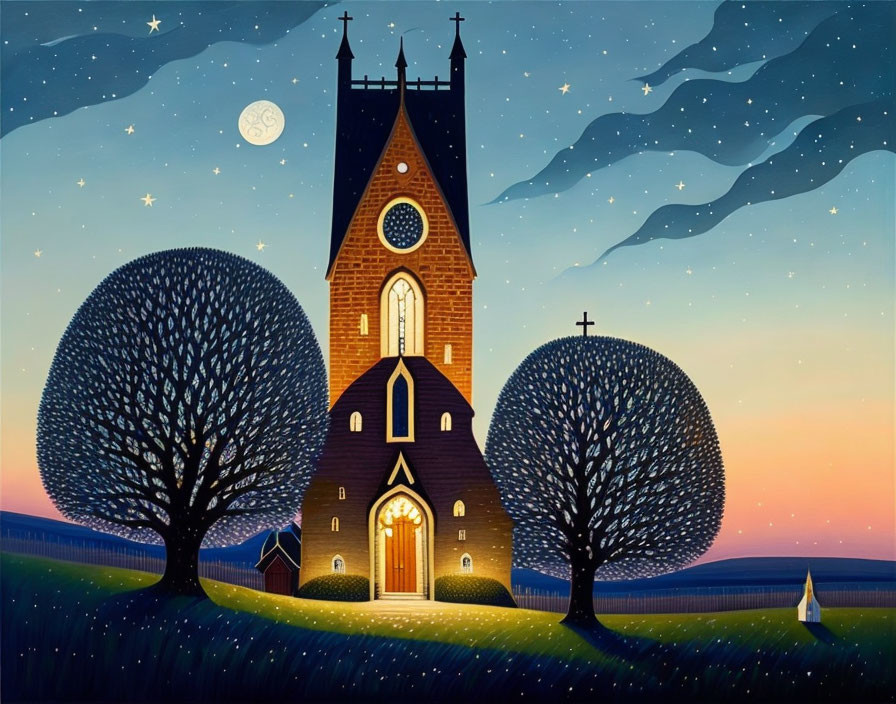 Nighttime church scene with starry sky, full moon, and figure under trees