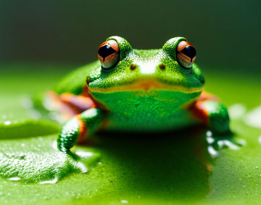 Colorful Frog with Orange Eyes Resting on Green Leaf