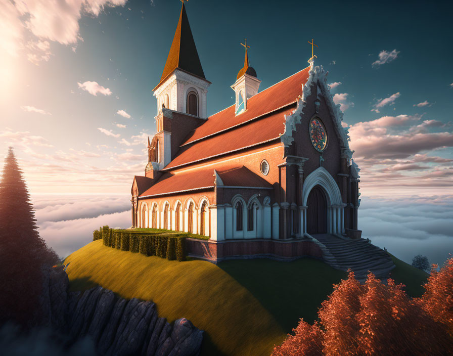 Cliff-top church at sunset with autumn trees