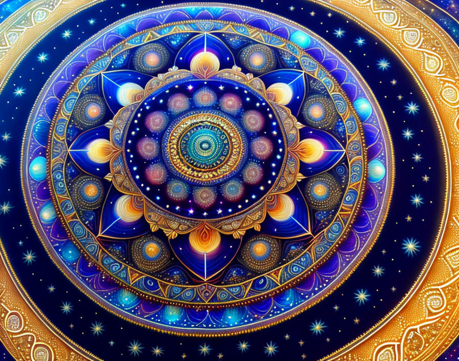 Colorful Mandala with Blue, Purple, and Gold Geometric Patterns