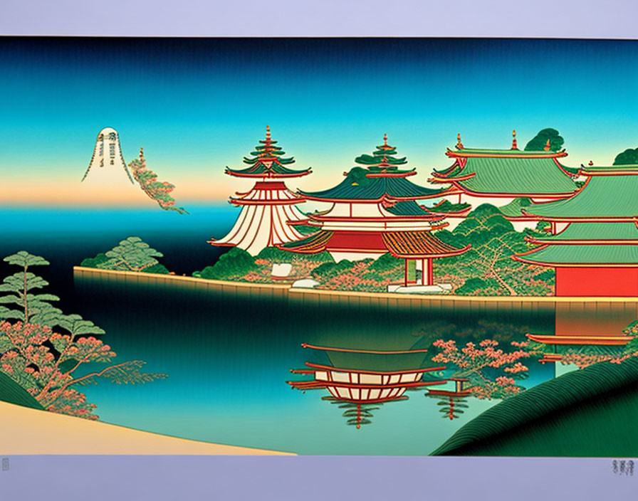 Traditional Japanese painting: serene landscape with red temples, green trees, calm lake, mountains, colorful sky