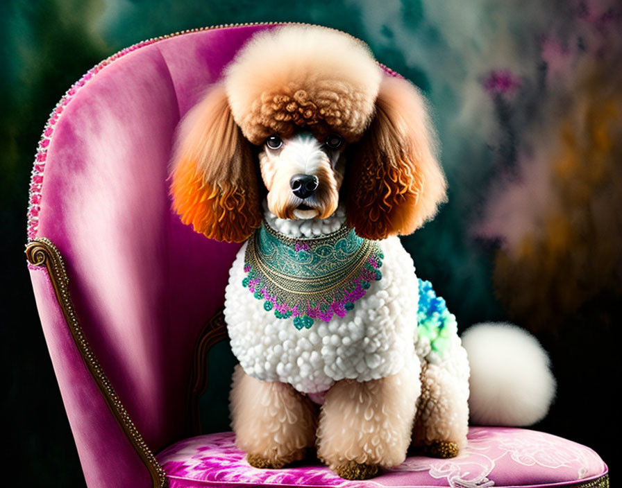 Fluffy White and Brown Poodle on Pink Vintage Chair with Green Collar