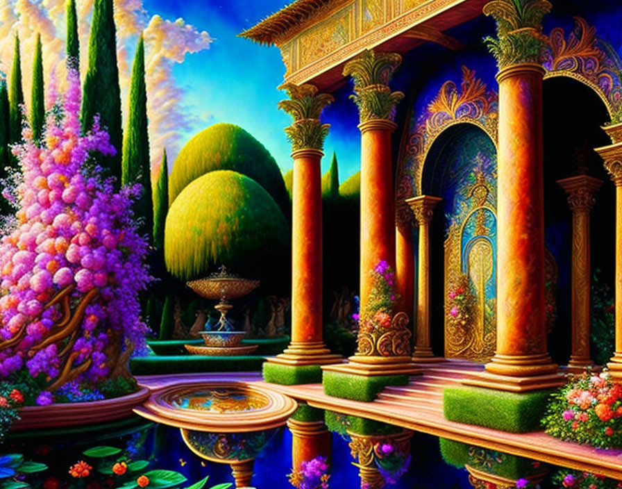 Fantasy landscape with golden columns, greenery, flowers, and tranquil water