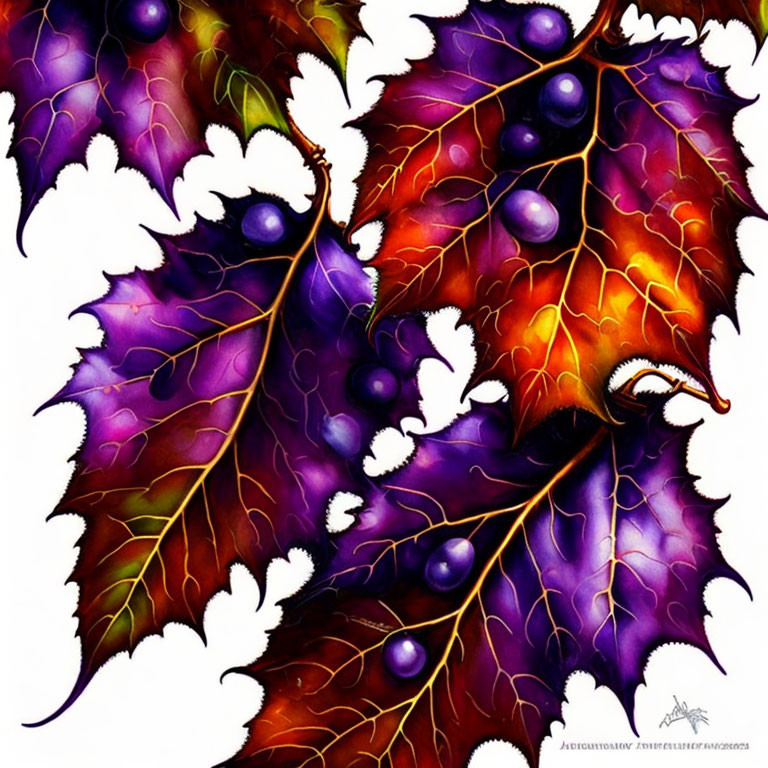 Colorful illustration of purple and blue leaves with intricate veins and dark berries