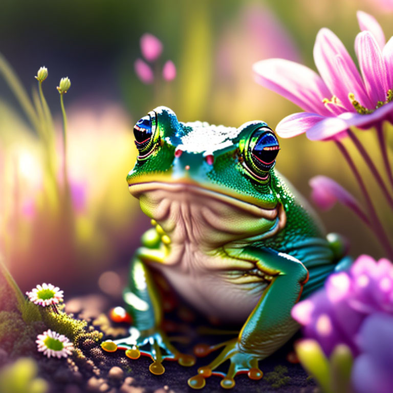 Colorful Frog Surrounded by Flowers and Foliage in Soft Sunlight