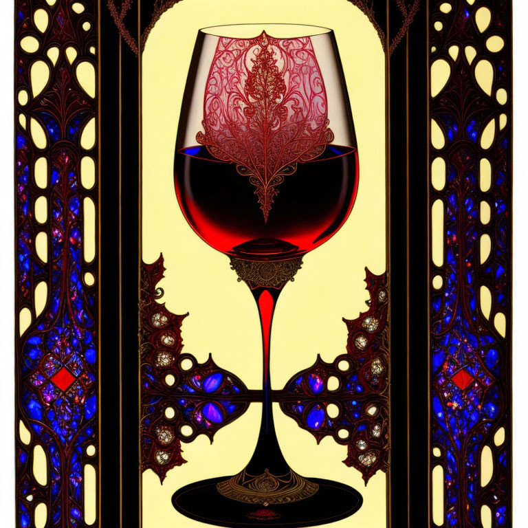 Digital art: Ornate wine glass with red wine against gothic window backdrop