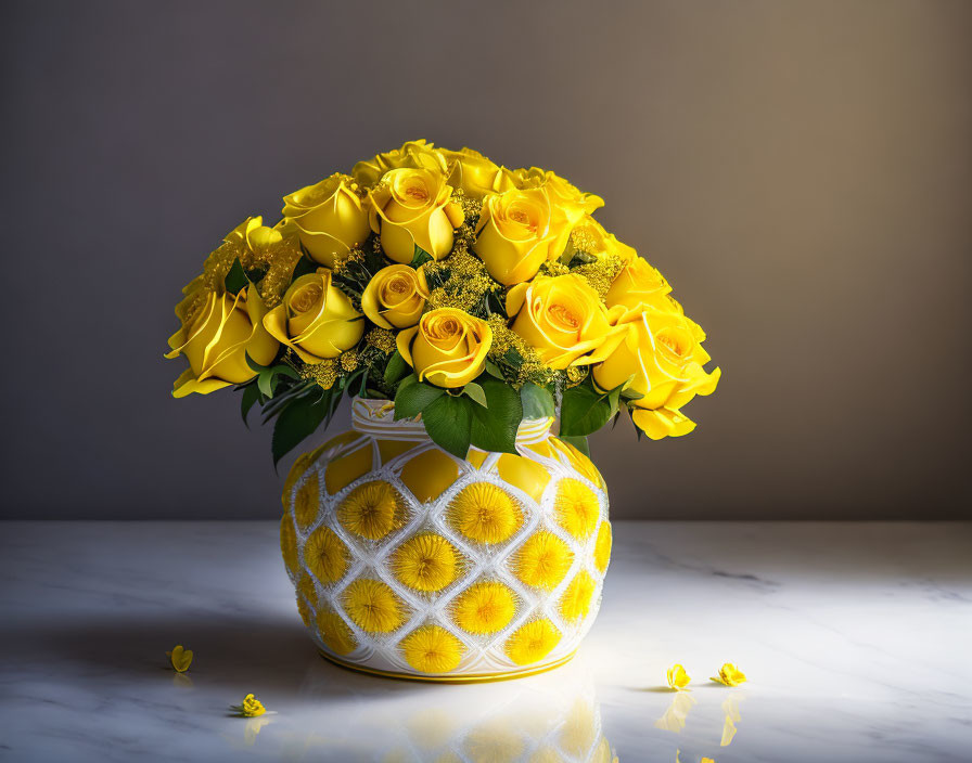 Yellow roses bouquet in white vase on reflective surface