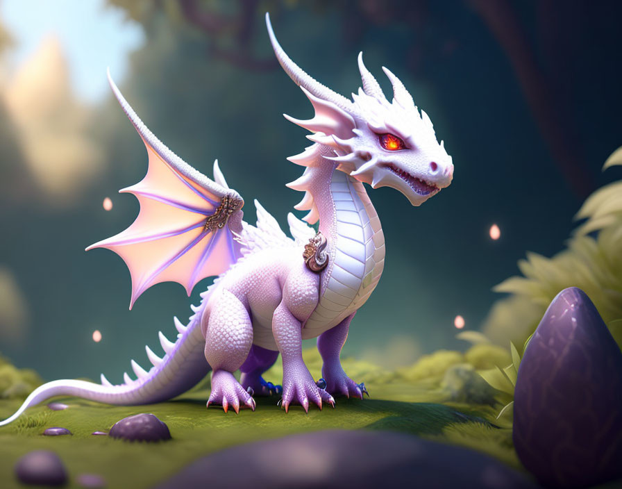 White Dragon with Purple Accents Near Egg in Fantasy Forest Scene