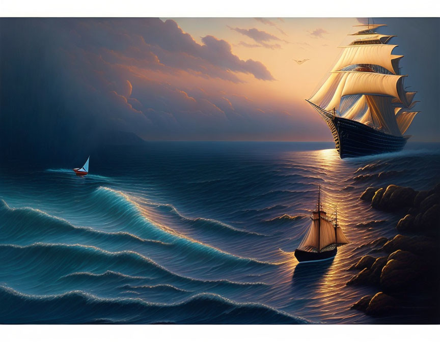 Golden sunset illuminates sailing ship and small boat in serene seascape