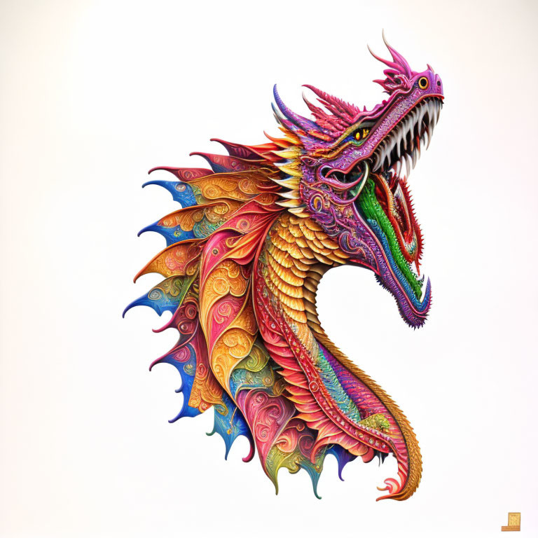 Colorful Dragon Artwork with Elaborate Patterns on Pale Background