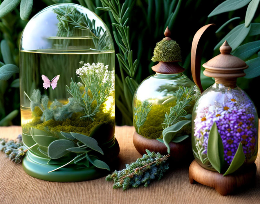 Decorative terrarium jars with greenery, flowers, and butterflies against rustic plant backdrop