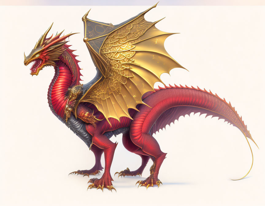 Red Dragon with Golden Accents and Expansive Wings on Pale Background