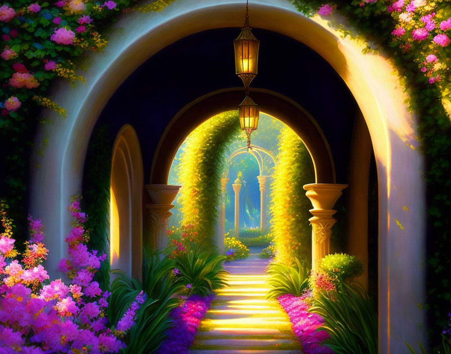 Enchanting garden pathway with ivy archway and vibrant flowers