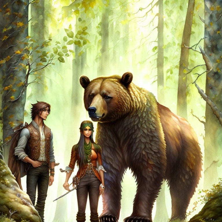 Two adventurers with a large bear in a sunlit forest clearing