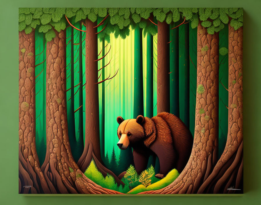 Stylized bear art in lush forest with exaggerated tree trunks