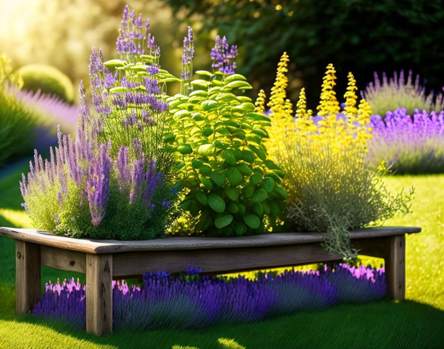 Wooden planter box with green and purple plants in sunlight.