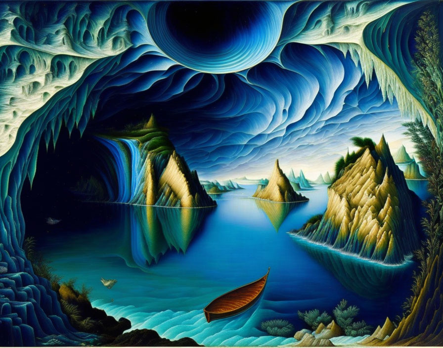 Surreal landscape with wave-like cliffs, serene lake, boat, and night sky illusion