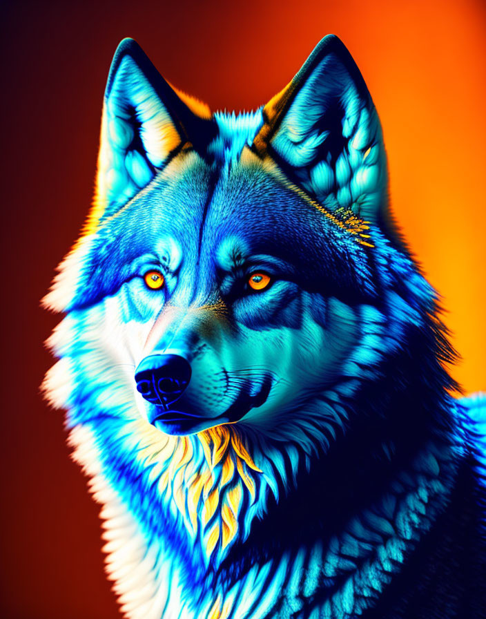 Vibrant neon blue and orange wolf image.