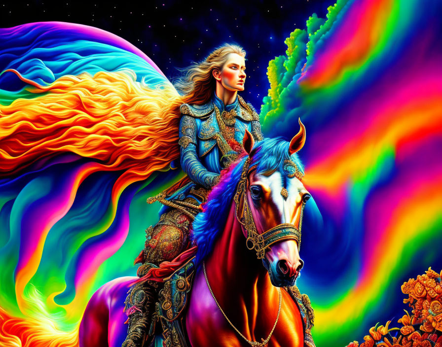 Colorful digital artwork: Noble figure in ornate armor on majestic horse in psychedelic setting