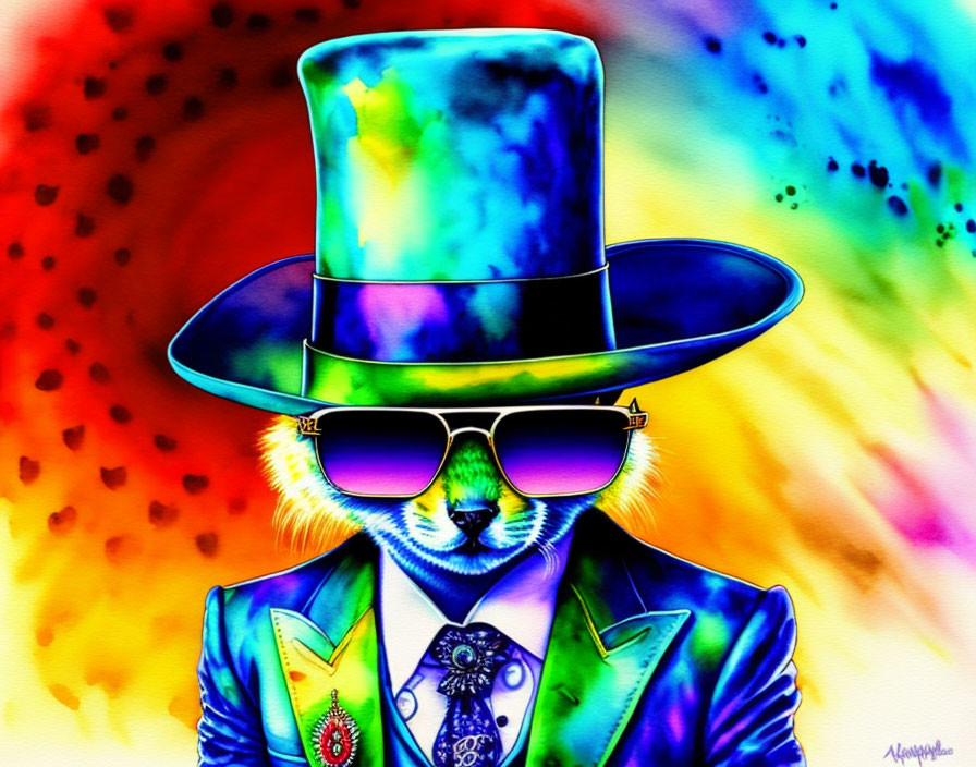 Colorful Cat in Top Hat and Suit with Sunglasses on Psychedelic Background