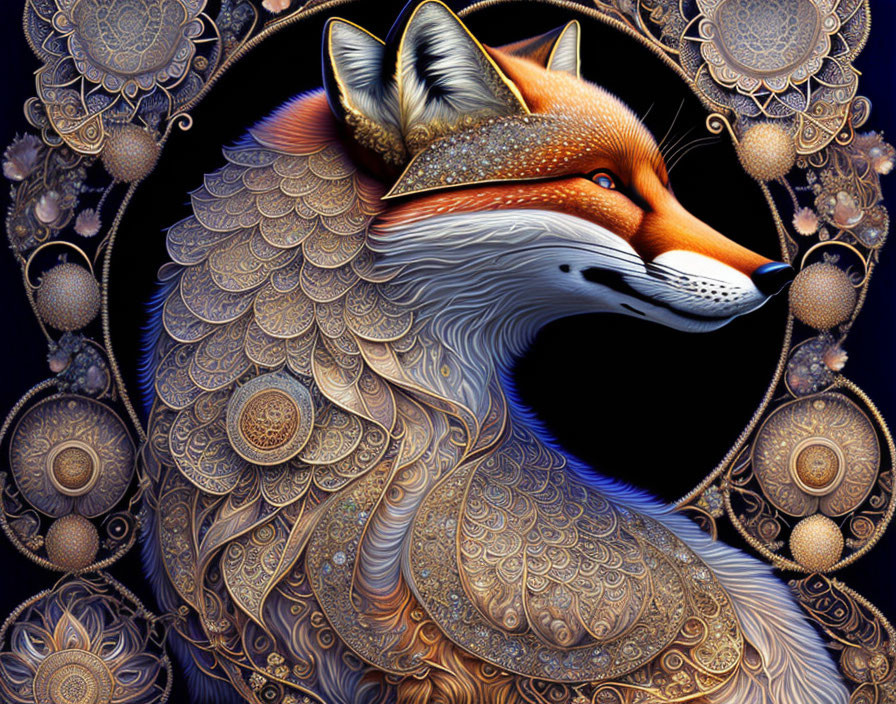 Detailed Fox Artwork with Golden Designs on Dark Background