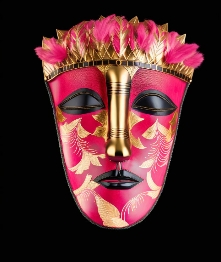 Red and Gold Decorative Mask with Feather Embellishments