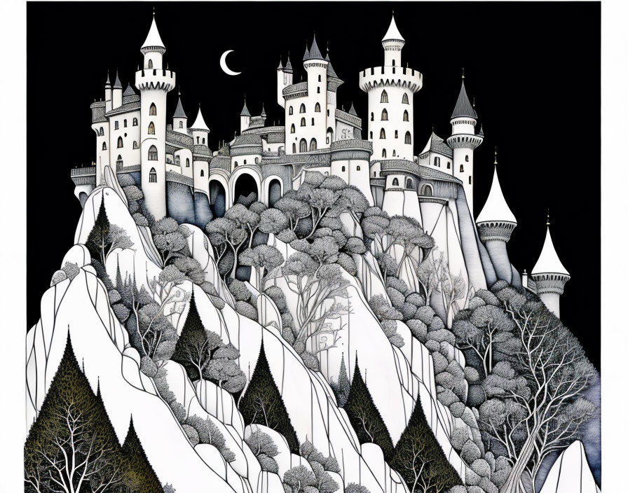 Detailed Black and White Castle Illustration on Cliff with Forest and Night Sky