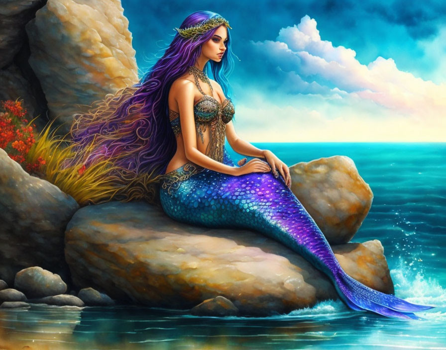 Vibrant mermaid art: purple hair, blue tail, ocean rocks, cloudy sky