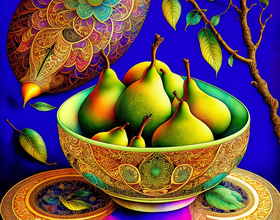 Colorful digital artwork of bowl with intricate patterns, green pears, and ornate backdrop