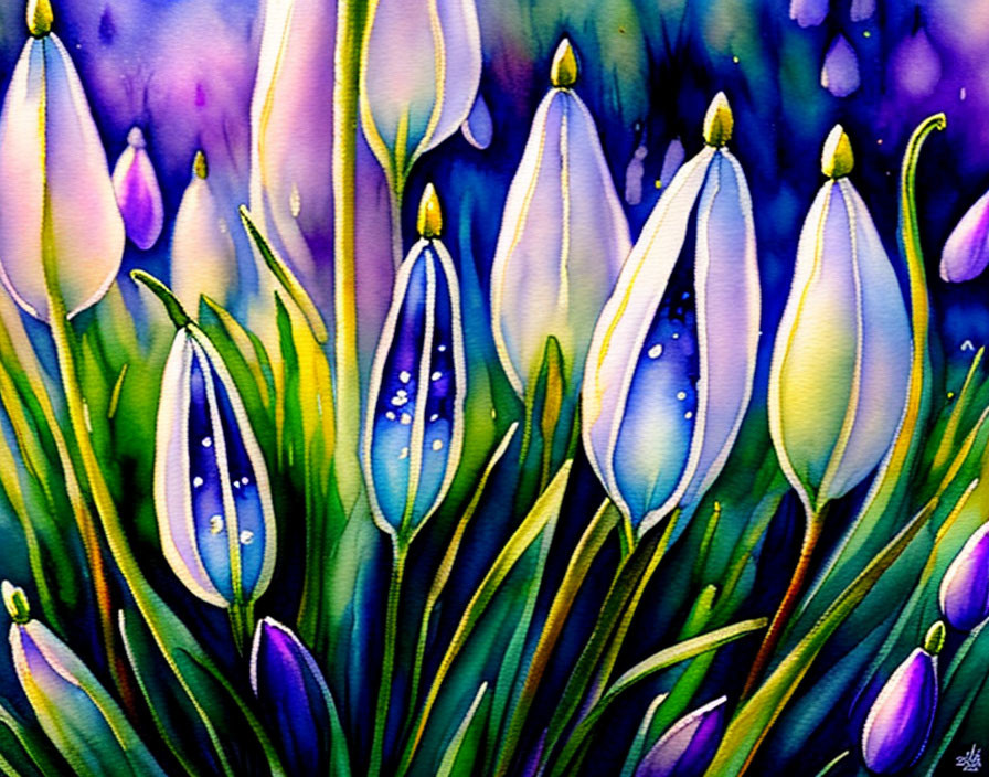 Colorful Watercolor Painting of White Tulips in Dew with Blue Accents