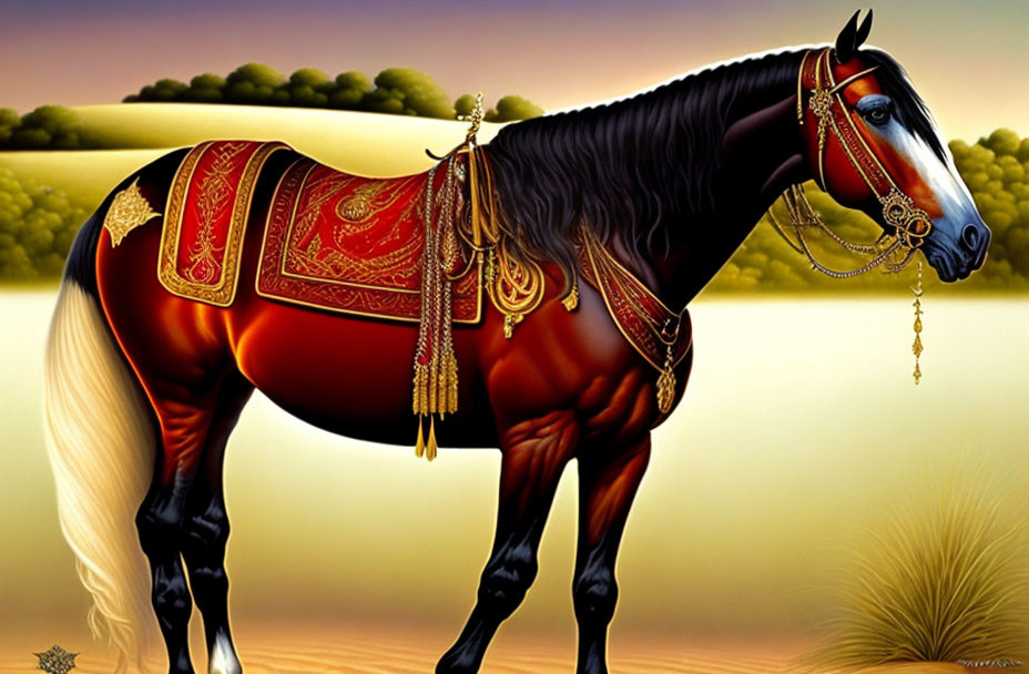 Majestic brown horse with red and gold saddle in pastoral landscape