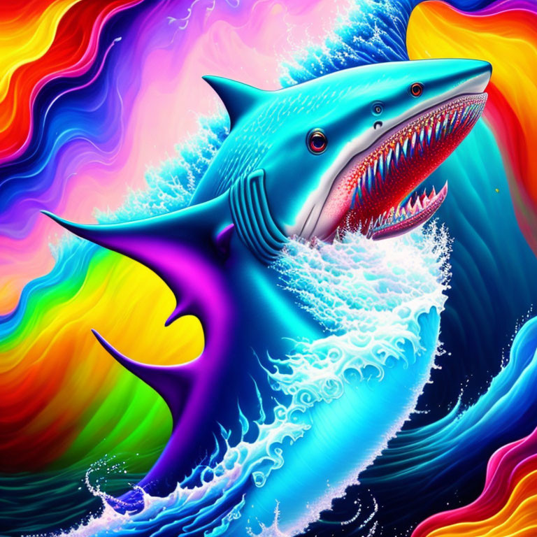 Colorful Digital Artwork: Shark in Wave on Psychedelic Background