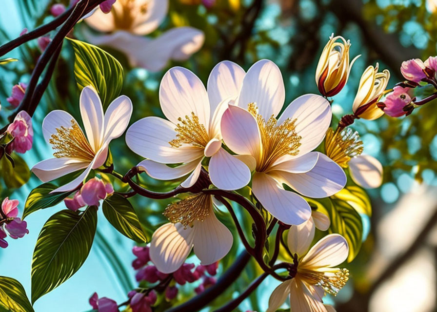 Floral branches with white, yellow, and pink blossoms under blue sky