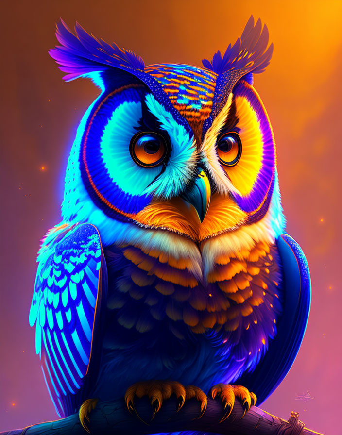 Colorful Owl Artwork with Blue and Orange Plumage on Gradient Background