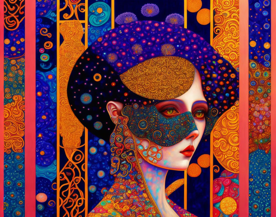 Colorful artwork of woman with starry mask & ornate headpiece surrounded by patterns & shapes