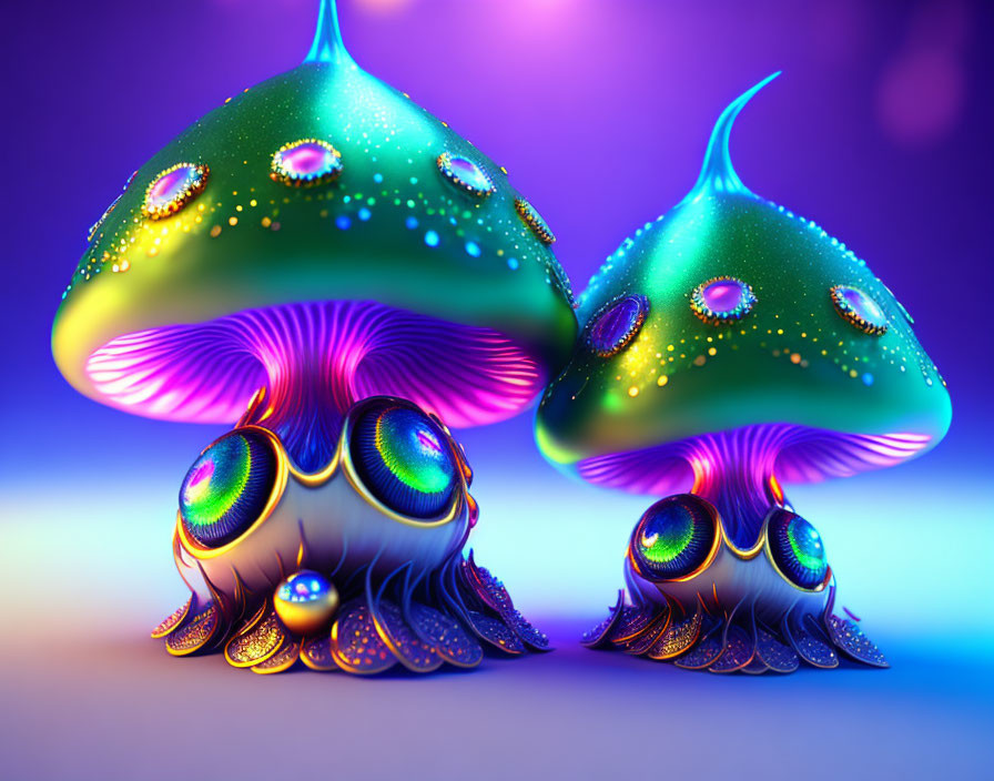 Bioluminescent mushrooms with peacock feather-like patterns on purple background