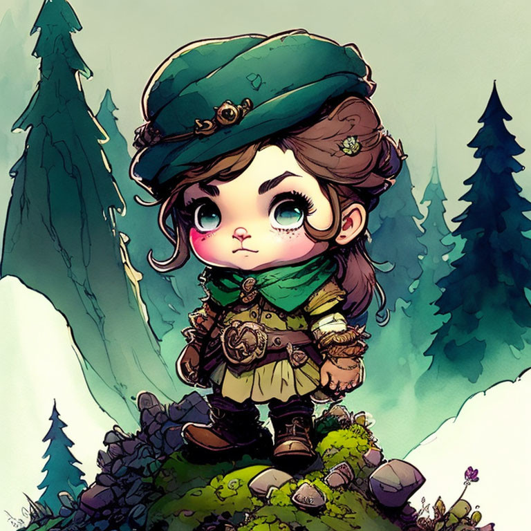 Whimsical fantasy character with large eyes in green hat and cloak on rock surrounded by nature